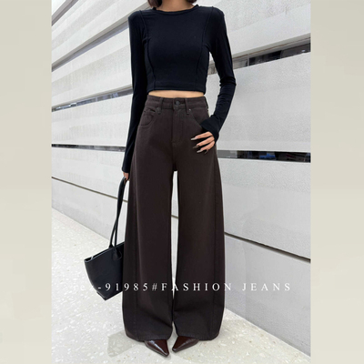 iez咖色加绒牛仔裤阔腿宽松梨型身材粗腿宽胯胖mm显瘦弯刀裤91985