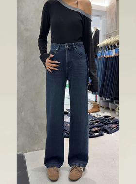 iez秋冬加绒miu系蓝色牛仔裤女2025新款版型超好看的窄版直筒长裤