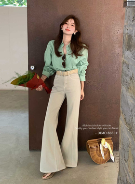 DIMO早春新款奶茶色牛仔裤高腰显瘦版型超好看的卡其色喇叭裤8661
