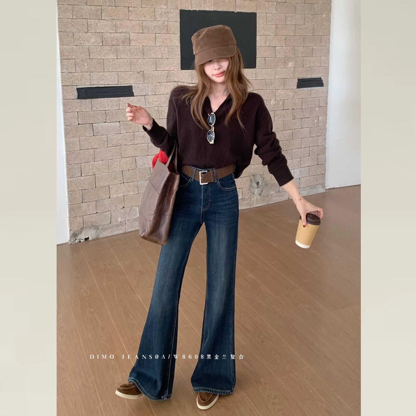 版型超好看的黑色加绒牛仔微喇裤