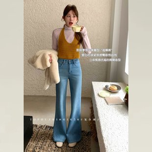 子高腰显瘦微喇裤 TOP欧制浅蓝色加绒牛仔裤 裤 型超好看 冬加厚版