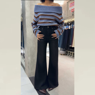 IEZ黑色加绒牛仔裤女款微喇裤子