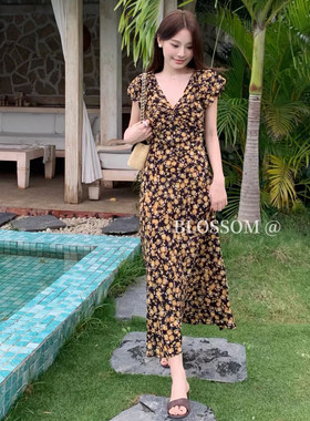 法式小飞袖V领黄色碎花连衣裙女