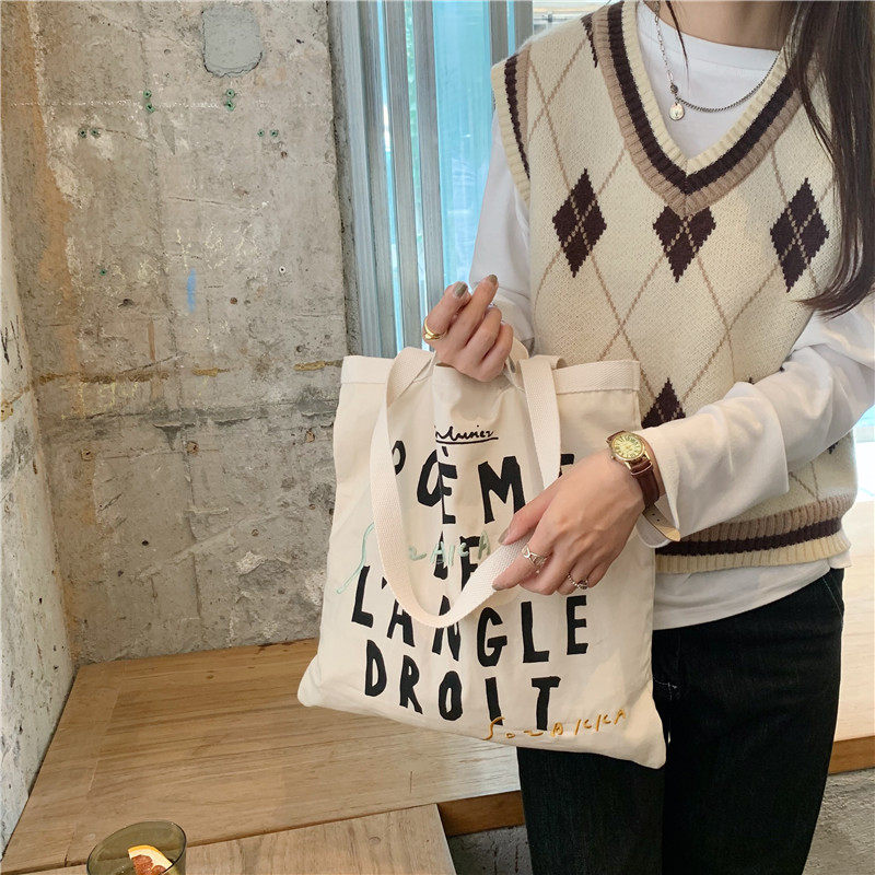小白兔几 ins简约慵懒风购物袋字母手提托特包单肩大容量帆布包袋,箱包皮具/热销女包/男包,托特包,淘宝优惠券,粉丝福利购,淘宝优惠卷