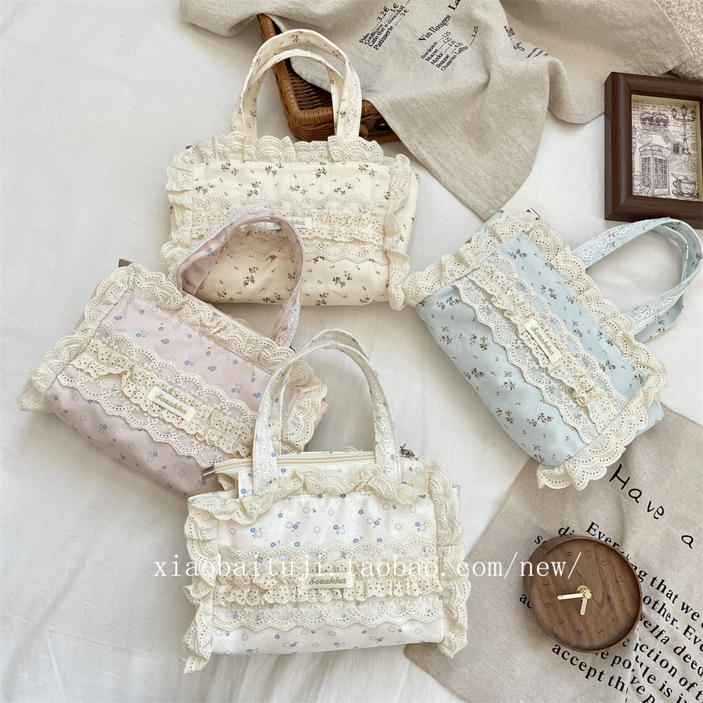 小白兔几 蕾丝碎花帆布包女2025新款时尚休闲通勤托特包蕾丝手提