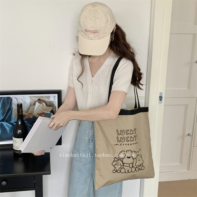 小白兔几 新款织带帆布包刺绣单肩手提两用包女大容量托特包日韩