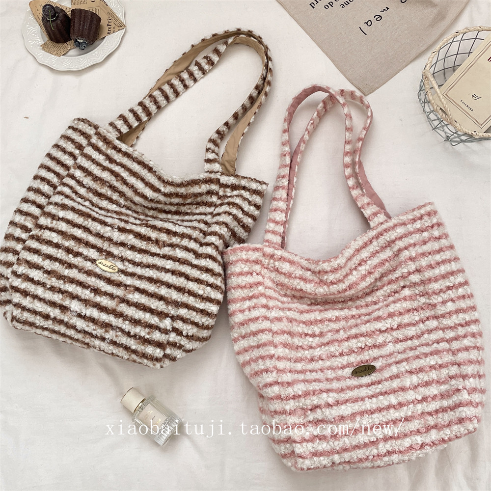 小白兔几毛绒粉条纹双面单肩包女手提包印花帆布包正反两用帆布袋,箱包皮具/热销女包/男包,通用款女包,淘宝优惠券,粉丝福利购,淘宝优惠卷