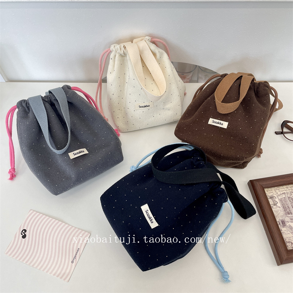 小白兔几 毛呢波点抽绳束口袋手提小拎包外出逛街杂物手提便当包