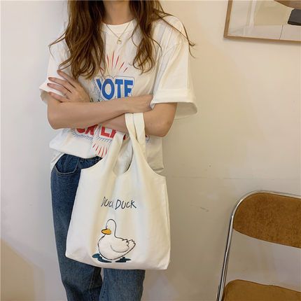 小白兔几 可爱秋冬毛绒胖鸭帆布包女毛绒手提袋ins风日系学生书包