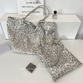 通勤时尚 小白兔几 银色休闲豹纹单肩包2025秋冬新款 大容量帆布袋