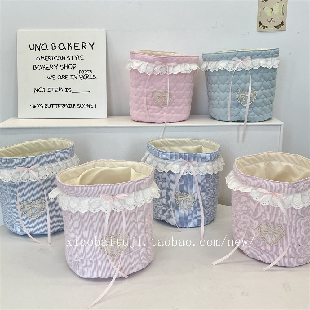 小白兔几 爱心绗缝布艺收纳篮桌面收纳整理筐圆筒杂物零食置物篮