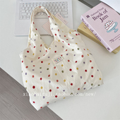 小白兔几彩色波点帆布包女生大容量单肩托特包学生上课通勤背心包