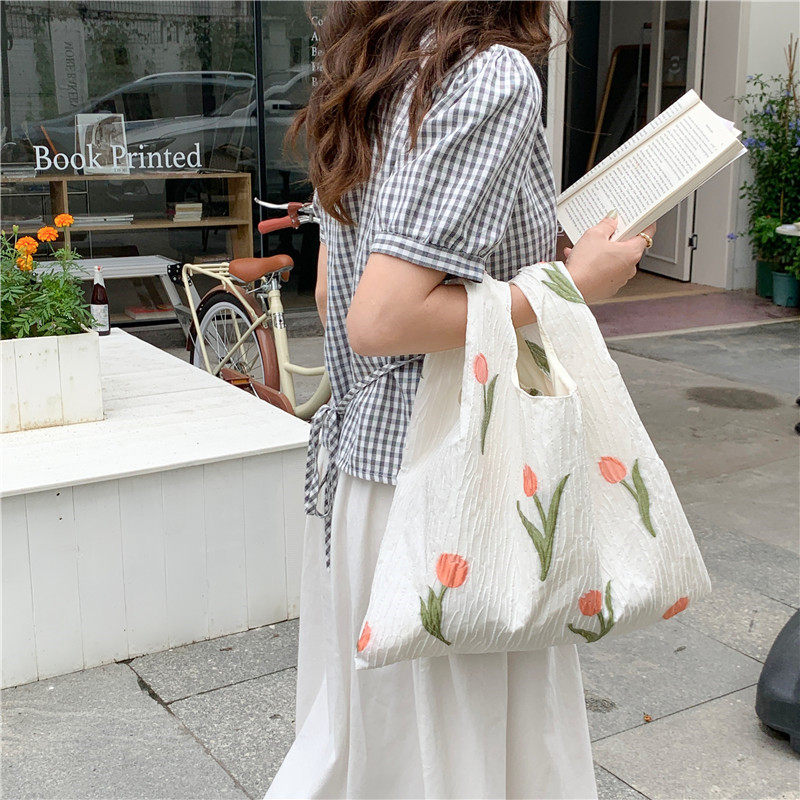 小白兔法式桃色郁金香帆布包女夏