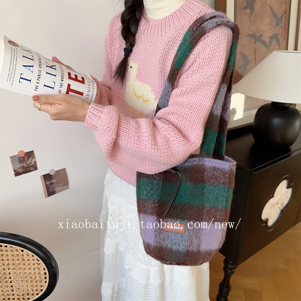 安若木兮毛呢绒水桶单肩腋下包