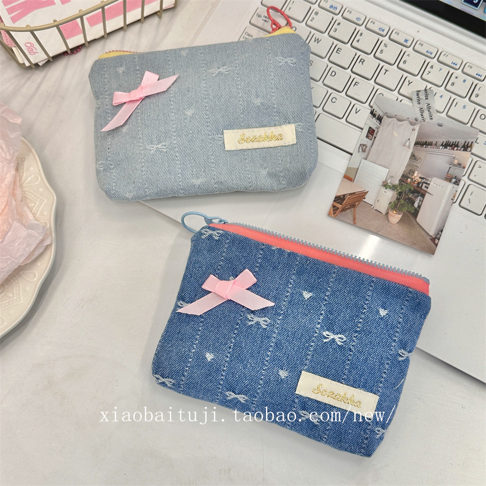 小白兔几韩版刺绣蝴蝶结牛仔布零钱包硬币钥匙收纳袋卡包小物整理,收纳整理,化妆包,淘宝优惠券,粉丝福利购,淘宝优惠卷