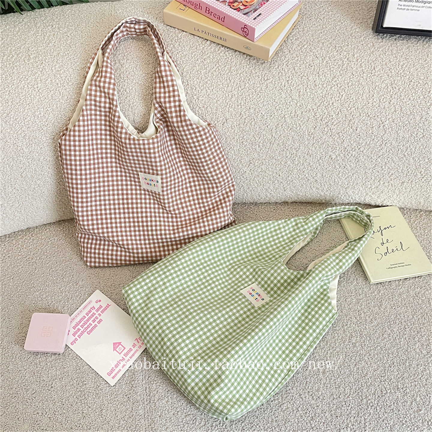 小白兔几 清新慵懒单肩购物袋格子手提袋外出休闲通勤帆布背心包