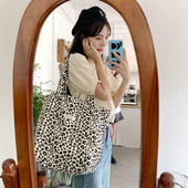 小白兔几 复古米白豹纹帆布包女休闲大容量手提包学生托特包 新款