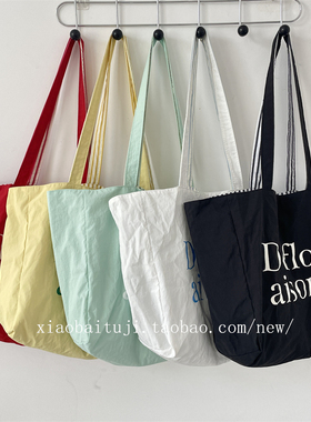 小白兔几 多巴胺双面托特包慵懒风条纹字母印花包学生通勤帆布包