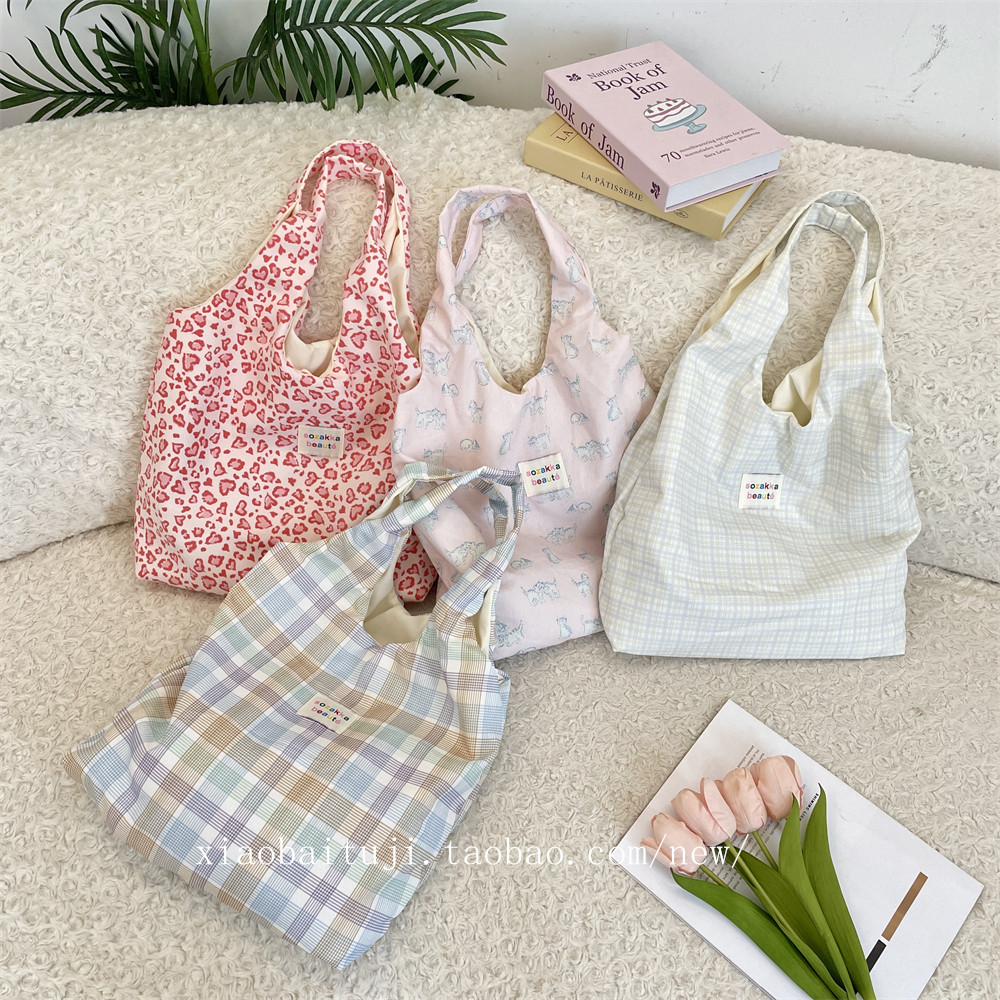 小白兔几 韩系新款慵懒甜美格子单肩购物袋休闲通勤背心包手提袋