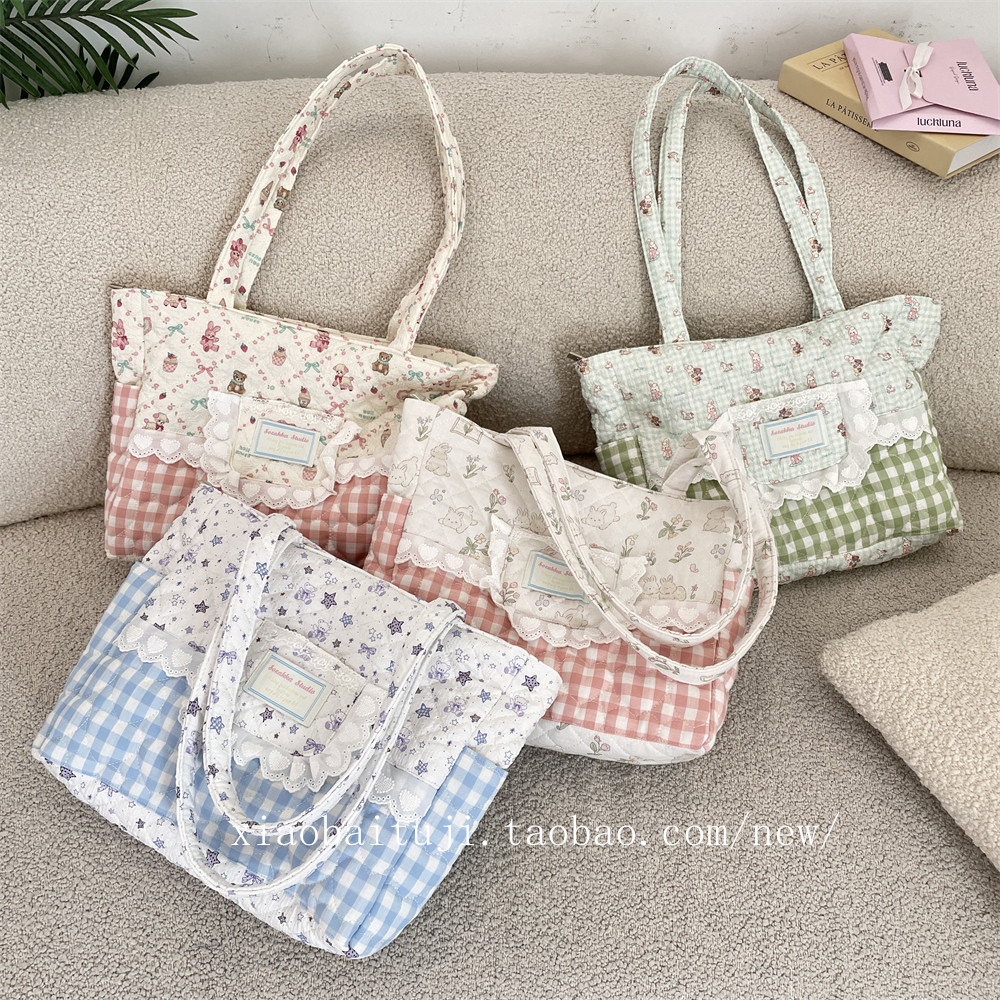 小白兔几 可爱蕾丝格子拼接帆布包女2025新款时尚休闲通勤托特包