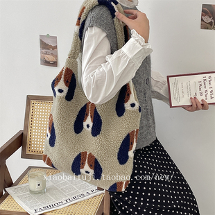 单肩背心包大容量女单肩手提包袋 毛绒小狗印花冬季 小白兔几 新款