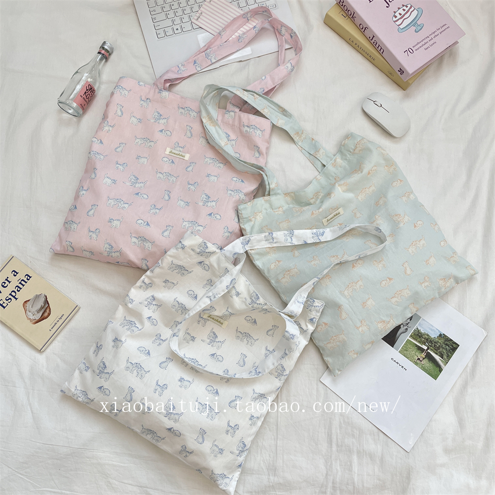 小白兔几 可爱卡通印花单肩包夏日新款大容量手提学生上课帆布包