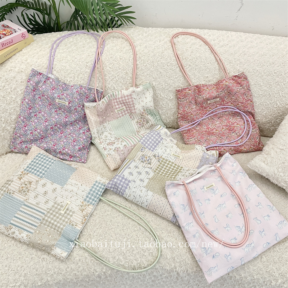 小白兔几 韩系ins慵懒印花甜美格子单肩购物袋休闲通勤手提帆布包