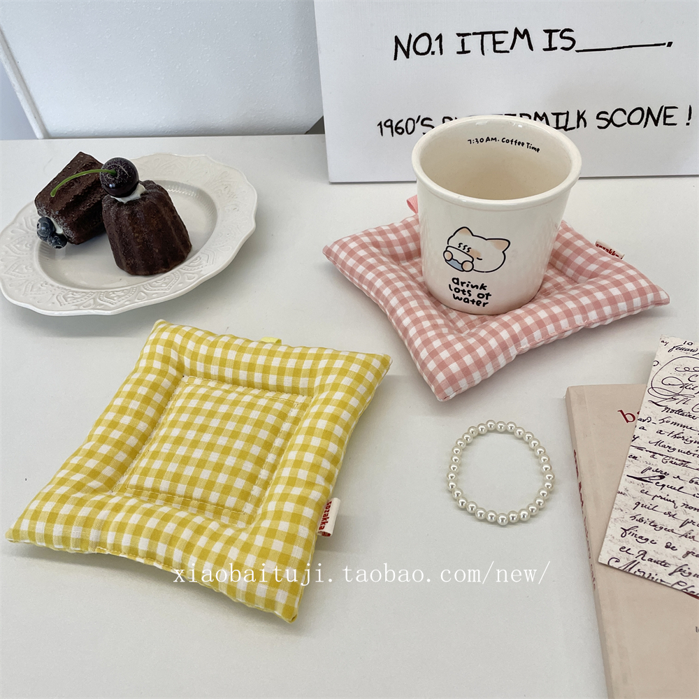 小白兔几 清新格子韩ins夹棉杯垫餐桌布艺防烫隔热垫餐厅咖啡杯垫