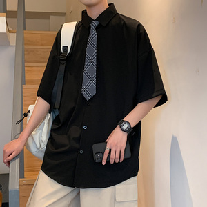 送领带 夏季薄款短袖衬衫男 港风宽松班服DK学院风衬衣C313/P32图片