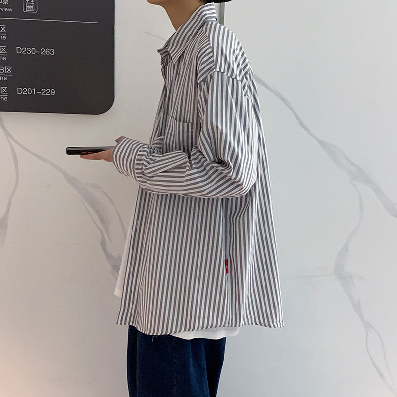 送领带 港风休闲个性内搭衬衣外穿条纹百搭长袖衬衫男 C01/P40图片