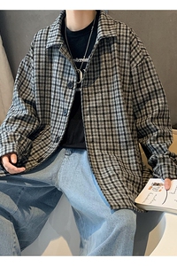 秋冬季港风格子毛呢大衣 韩版宽松文艺夹克外套男JK208/P65图片