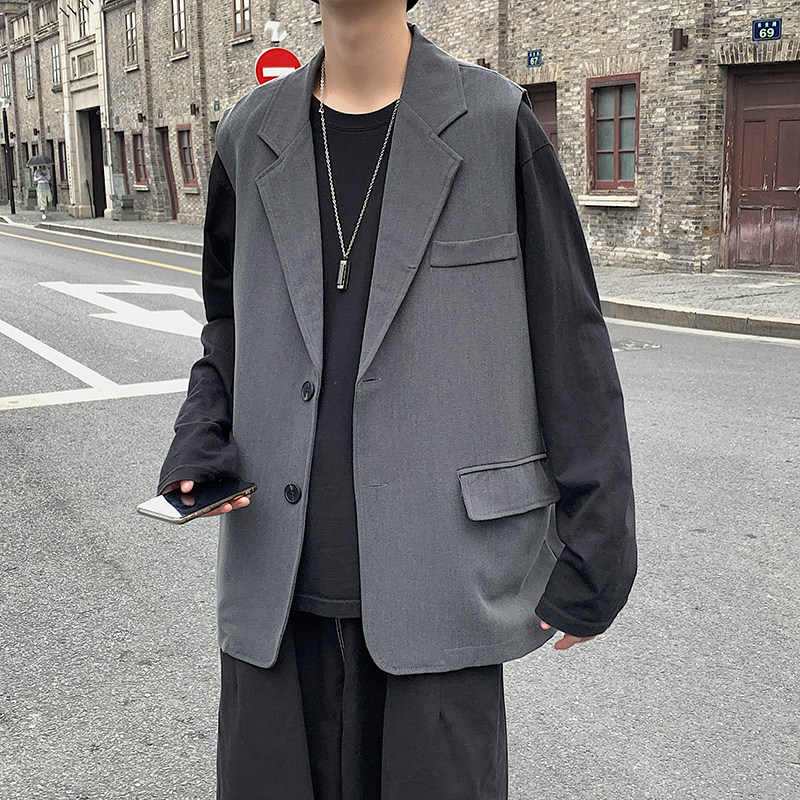 纯色简约马甲背心男 流行宽松西装领百搭潮流港风时尚X116/P45图片