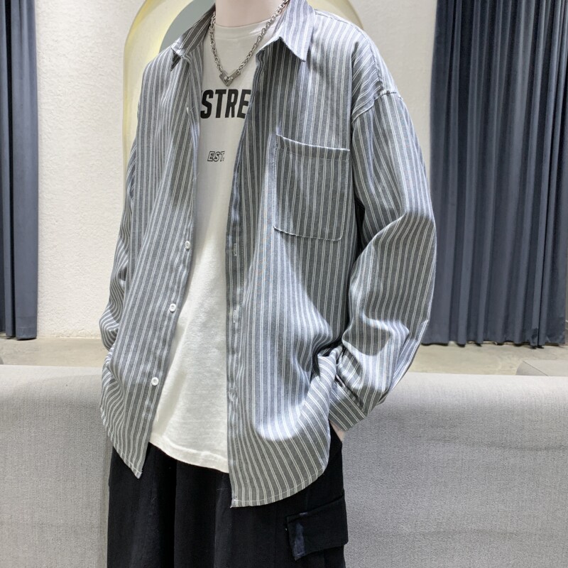 春季新款港风休闲宽松内搭衬衣外穿条纹百搭长袖衬衫男CS23/P45,男装衬衫,电商D202-1
