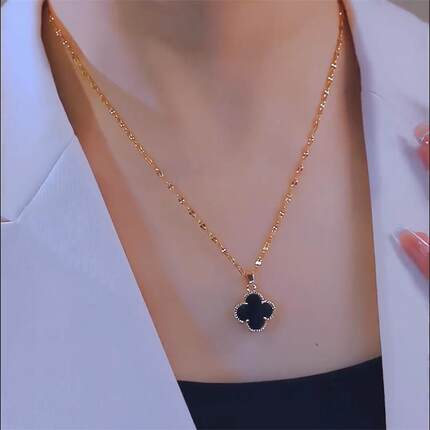 经典黑色双面四叶花项链女网红轻奢钛钢不掉色锁骨链气质百搭配饰
