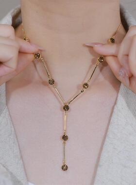 美拉德咖色超闪锆石项链女时尚设计感Y形流苏长款毛衣链挂件配饰