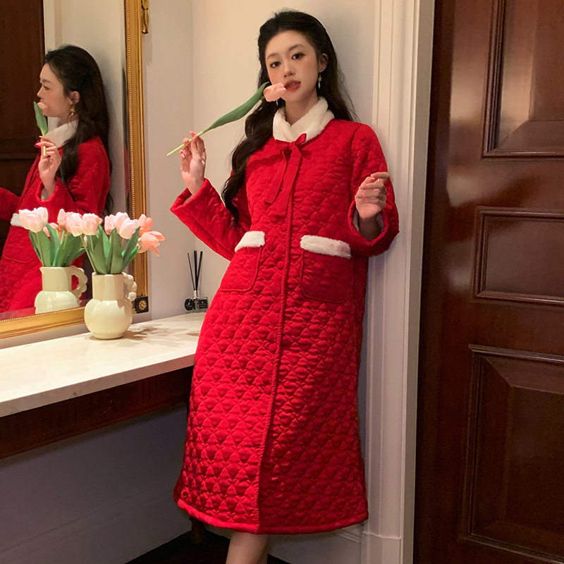 红色睡衣女冬丝绸夹棉加绒睡裙
