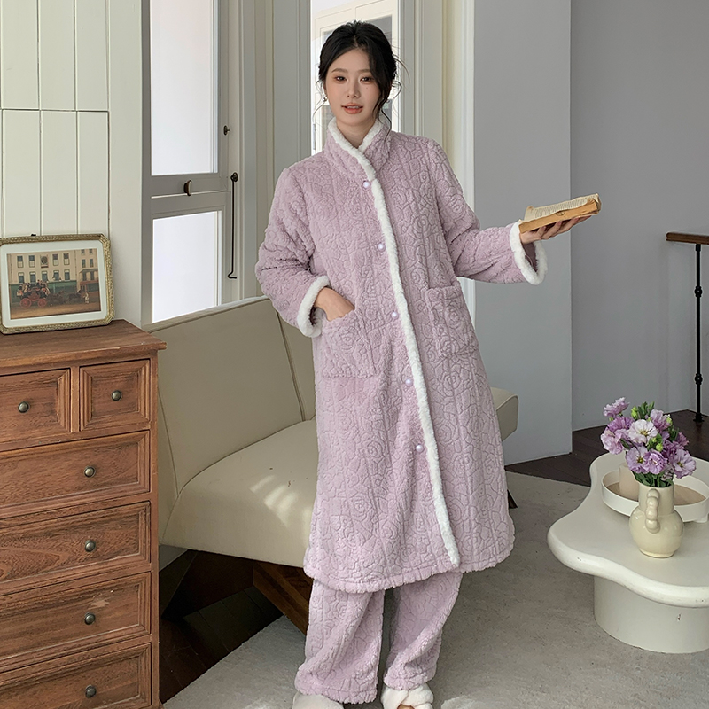 厚绒女法式宫廷长款睡袍带裤子冬
