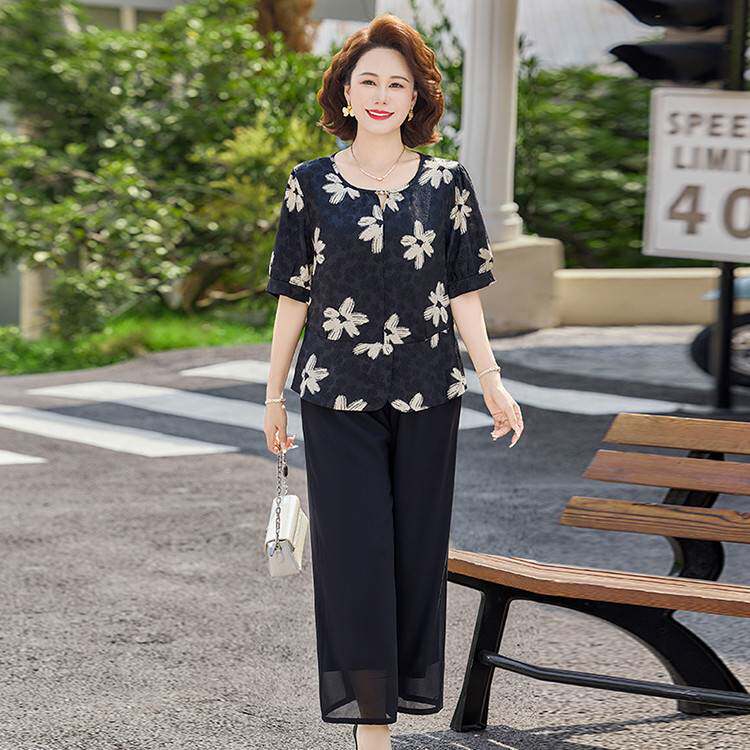 官方专柜中年妈妈夏装套装2026新款雪纺短袖上衣中老年女9分裤气