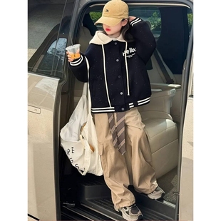 官方品牌女童呢子夹棉棒球服初冬款大童装冬季加厚外套女孩连帽上