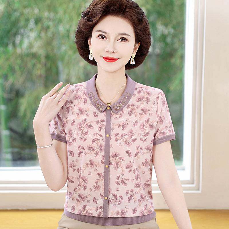 官方专柜妈妈夏装冰丝短袖T恤中老年女洋气质翻领雪纺小衫母亲节