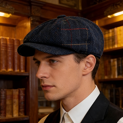 英伦复古格纹冬季毛呢八角报童帽