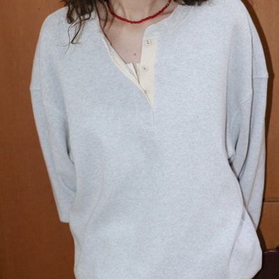 monoha26ss春夏韩代 华夫格针织长袖T恤假两件宽松上衣女士