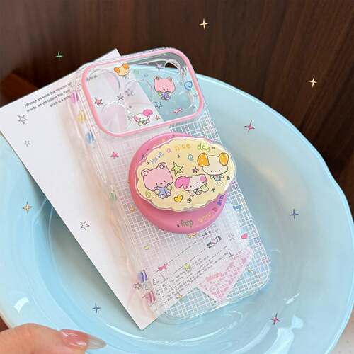 童趣卡通格纹透明适用苹果17pm手机壳iphone18磁吸支架15彩侧边16