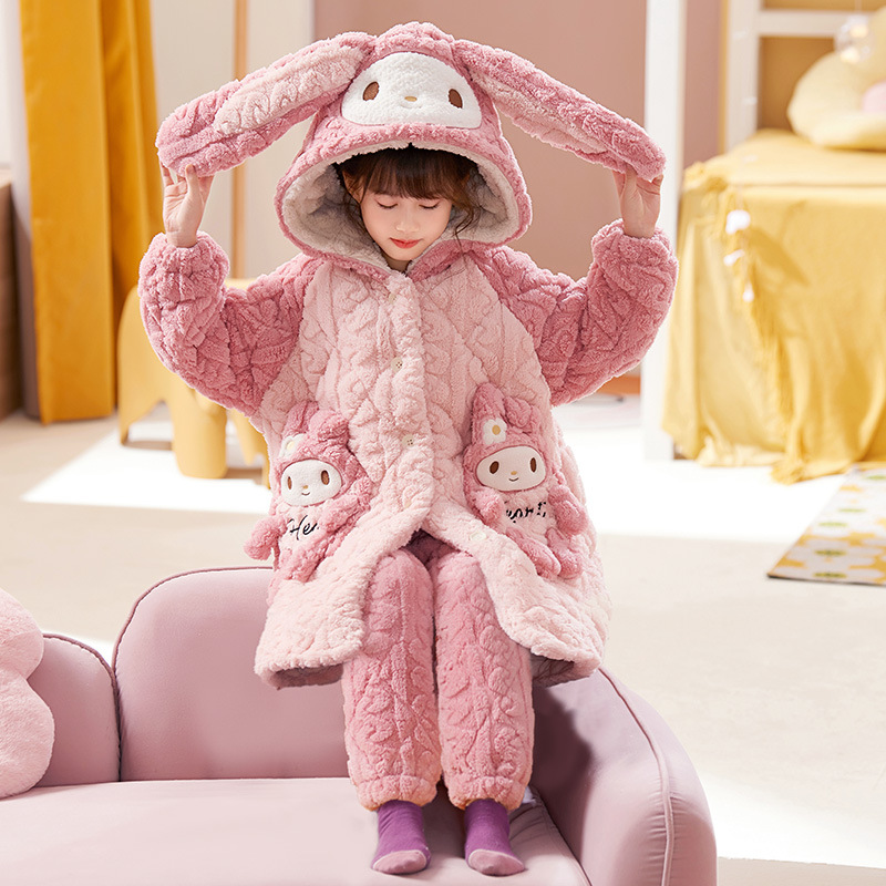 女童睡衣冬季2025新款加厚款珊瑚绒三层夹棉秋冬款儿童女孩家居服