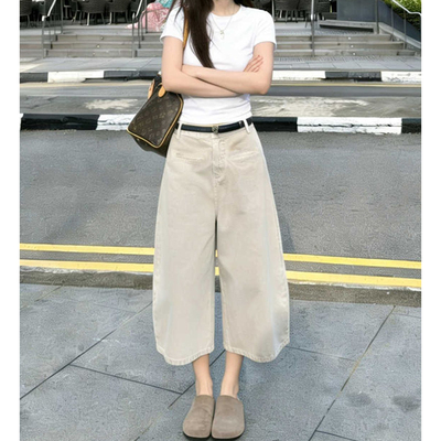 Last danse美式休闲牛仔中裤女夏口袋复古阔腿裤洋气宽松七分裤