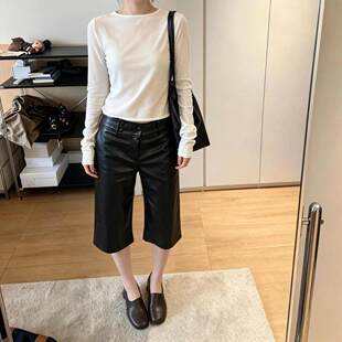 Last danse韩系复古皮裤女黑色通勤显瘦百搭直筒气质中裤PU皮七分