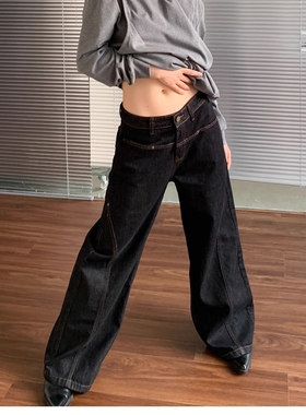 Last danse深蓝色牛仔裤女宽松直筒休闲vibe复古百搭高腰显瘦长裤