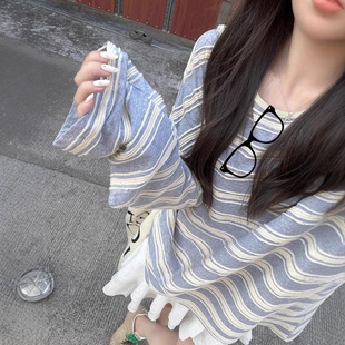 Last 夏松弛感慵懒撞色休闲韩系薄款 防晒罩衫 danse条纹T恤女长袖