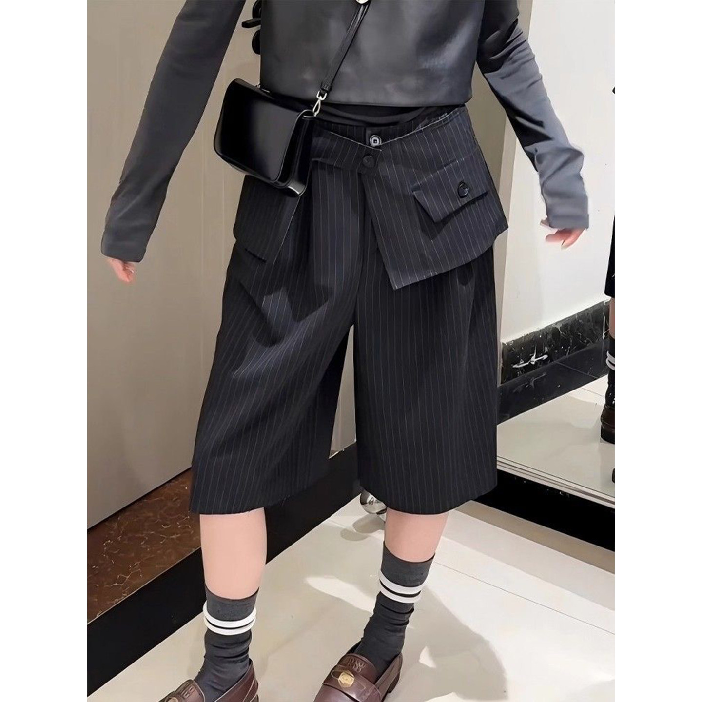 美式复古条纹西裤女七分裤