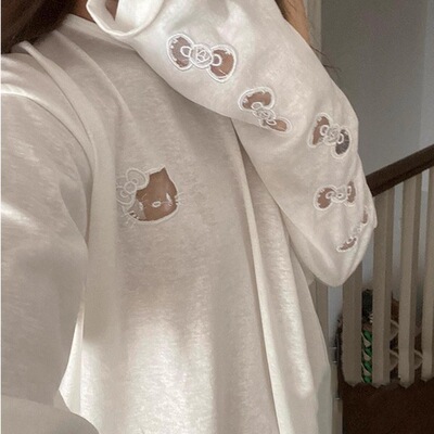 白色雪花棉T恤女长袖薄款